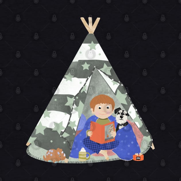 Little boy in a teepee den with story book and puppy by NattyDesigns